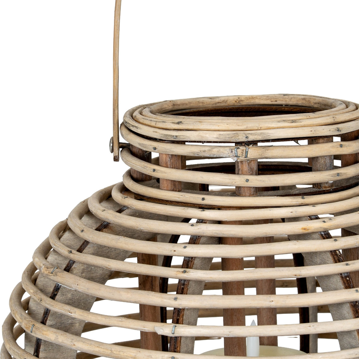 Close-up of Hill Interiors Large Round Willow Lantern in brown, showing the woven wicker dome frame, upper opening and slim handle against a white background.