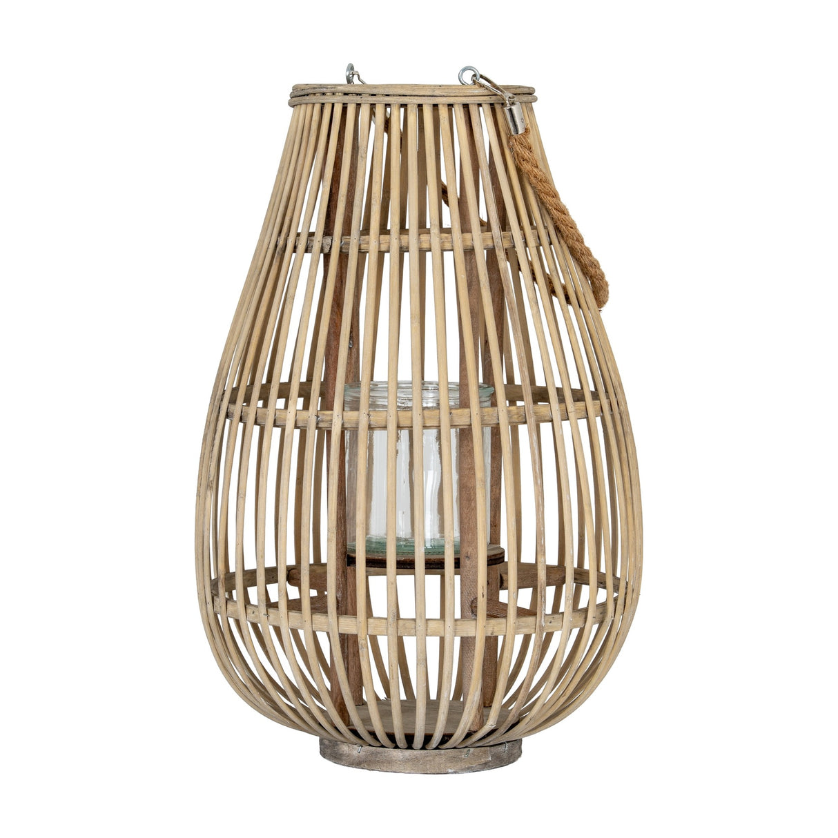 Hill Interiors Medium Ellipse Wicker Lantern in brown with a rounded woven frame, clear glass candle holder inside and rope handle, on a white background.