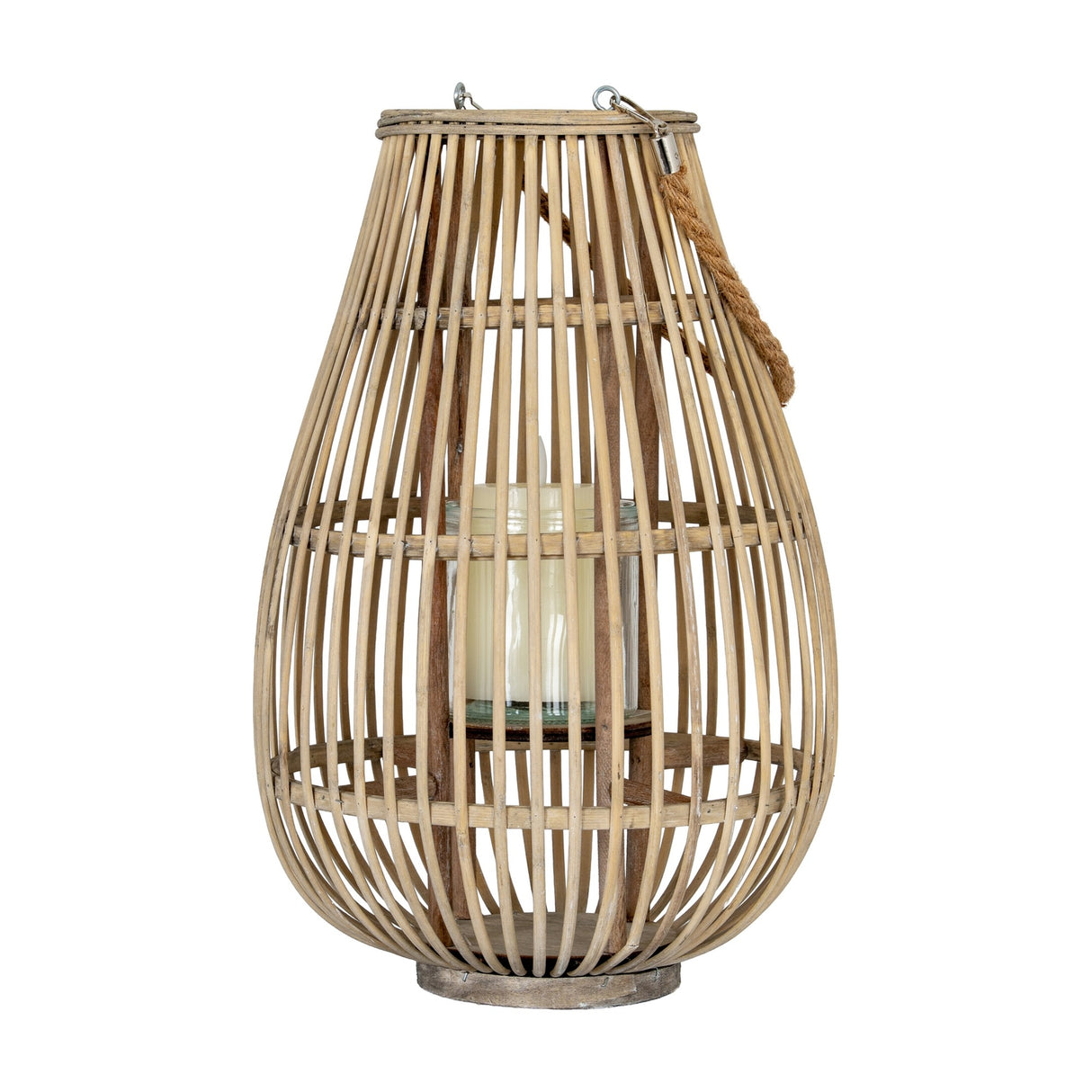 Hill Interiors Medium Ellipse Wicker Lantern in brown with vertical slatted frame, rope handle and clear glass holder with pillar candle, on white.
