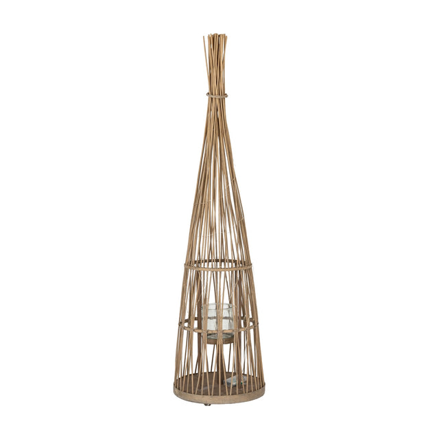 Hill Interiors Large Conical Wicker Lantern in brown, tall tapered woven frame with a glass candle holder inside, shown on a plain white background.