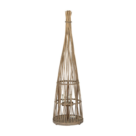Hill Interiors medium conical wicker lantern in brown, with tapered woven form, tied top and inner glass candle holder, shown on a white background.
