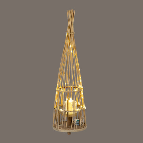 Hill Interiors medium conical wicker lantern in brown with illuminated fairy lights and inner glass candle holder, shown on a grey background.
