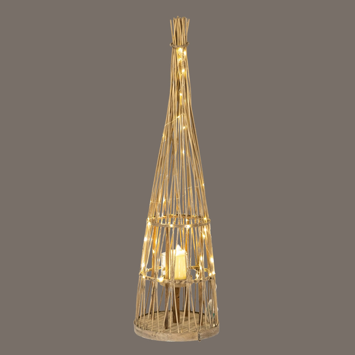 Small Conical Wicker Lantern with Glass Holder – Brown