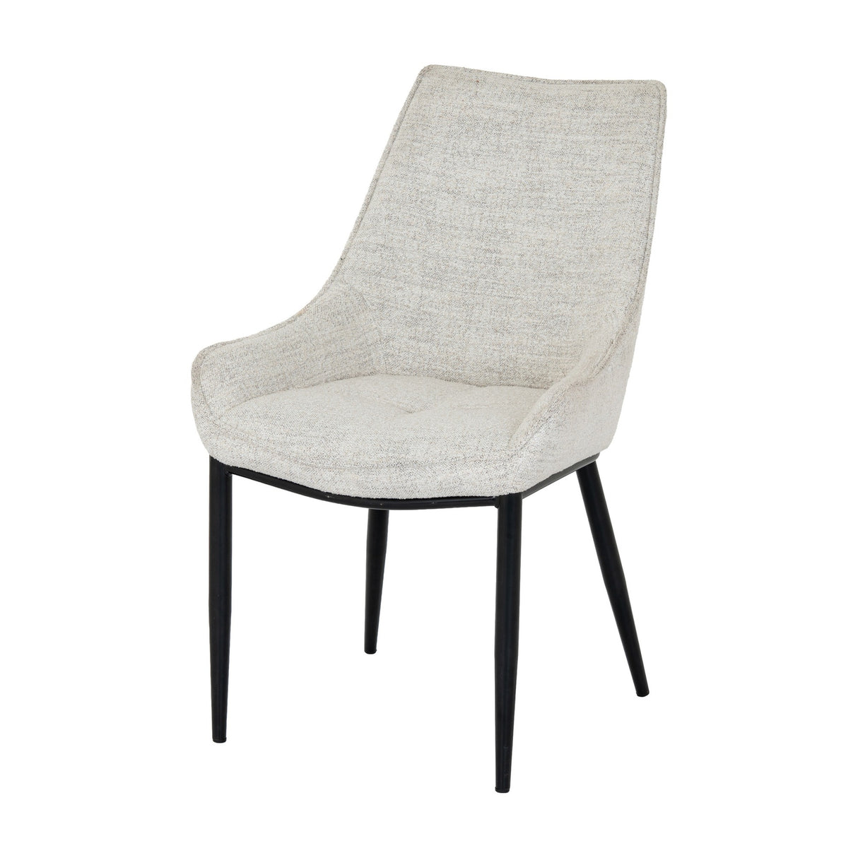 Vaxeer Dining Chair in white textured upholstery with a high curved back, contoured seat and slim black metal legs, shown on a plain background.