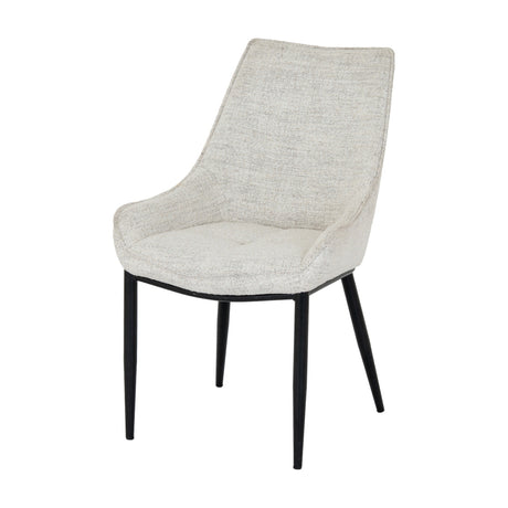 Vaxeer Dining Chair in white textured upholstery with a high curved back, contoured seat and slim black metal legs, shown on a plain background.