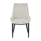 Hill Interiors Vaxeer dining chair with a curved high back, contoured cushioned seat in neutral woven fabric, and slim black metal legs on a white background.