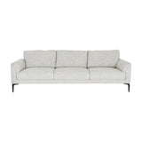 Hill Interiors Vaxeer three seater sofa in white upholstery with three back and seat cushions on a black metal frame, shown on a plain white background.