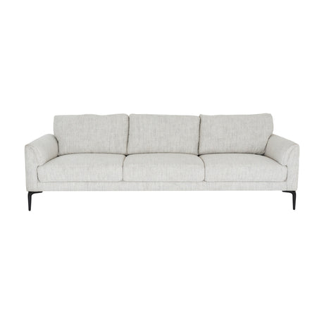 Hill Interiors Vaxeer three seater sofa in white upholstery with three back and seat cushions on a black metal frame, shown on a plain white background.