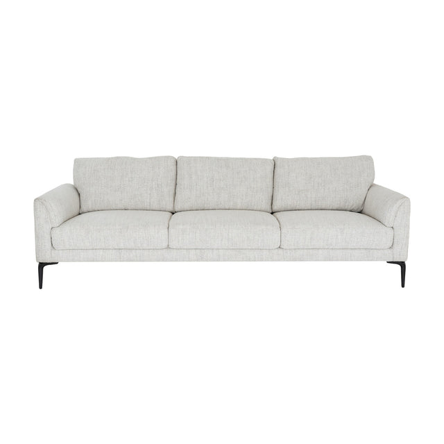 Hill Interiors Vaxeer three seater sofa in white upholstery with three back and seat cushions on a black metal frame, shown on a plain white background.