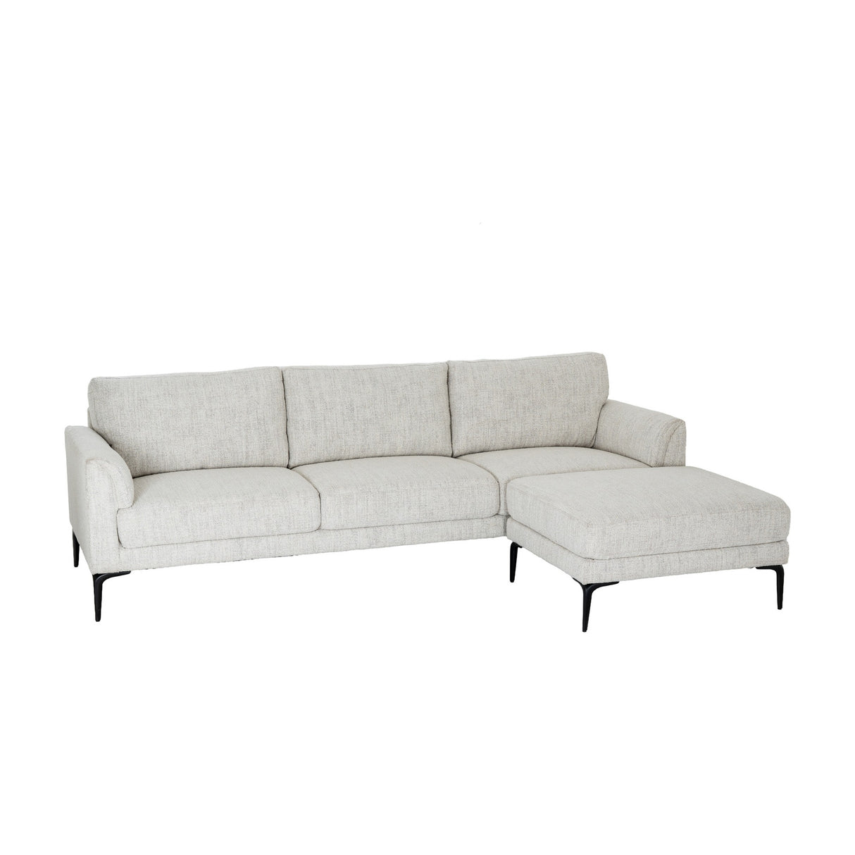 Hill Interiors Vaxeer three seater sofa with matching footstool in white upholstery on slim black metal legs, shown against a plain white background.