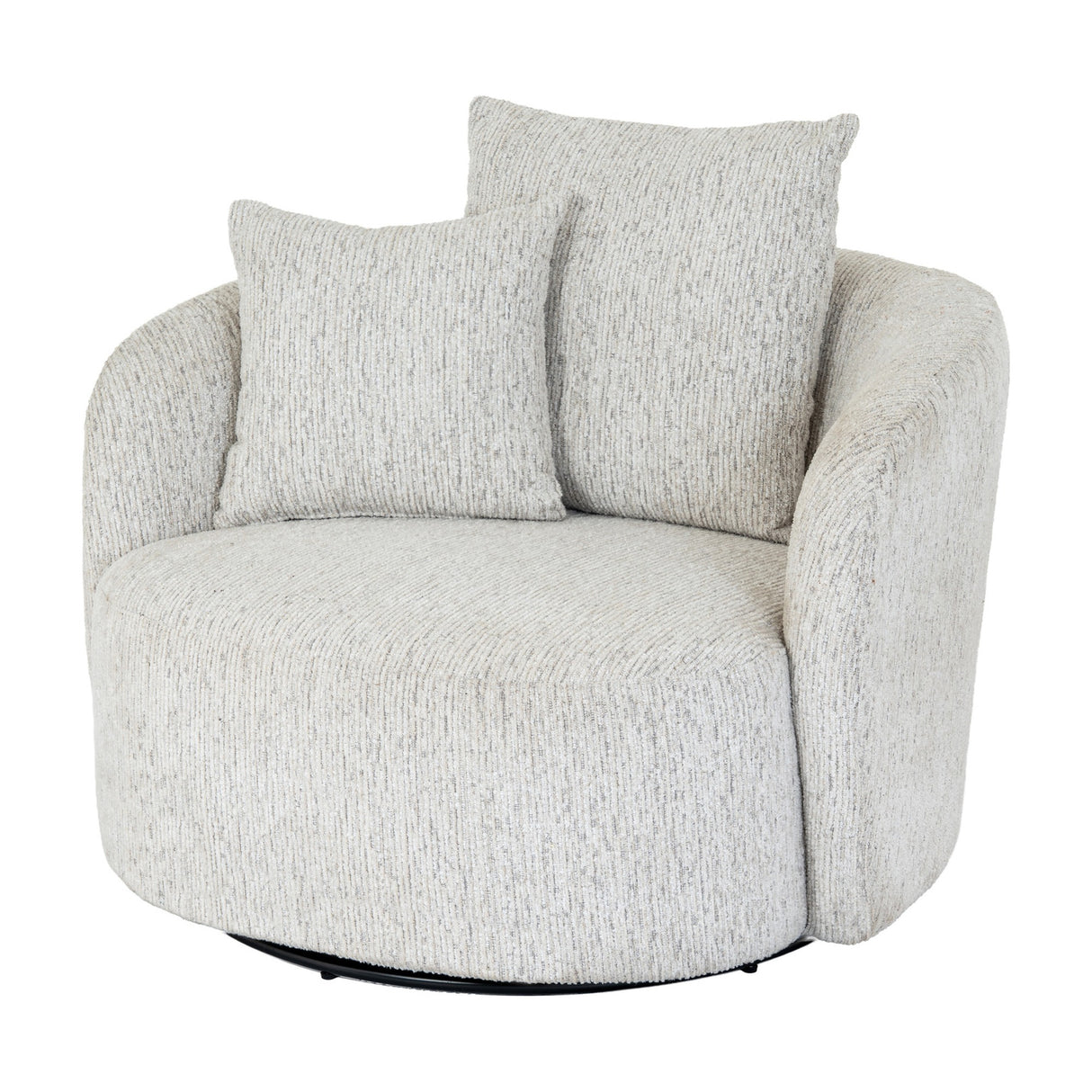 Marlenza Swivel Accent Chair by Hill Interiors in white textured upholstery with rounded arms, two scatter cushions and a black swivel base.