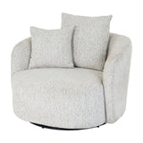 Marlenza Swivel Accent Chair by Hill Interiors in white textured upholstery with rounded arms, two scatter cushions and a black swivel base.