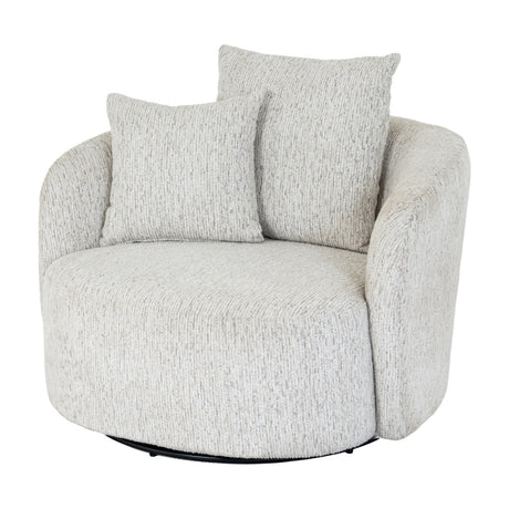 Marlenza Swivel Accent Chair by Hill Interiors in white textured upholstery with rounded arms, two scatter cushions and a black swivel base.