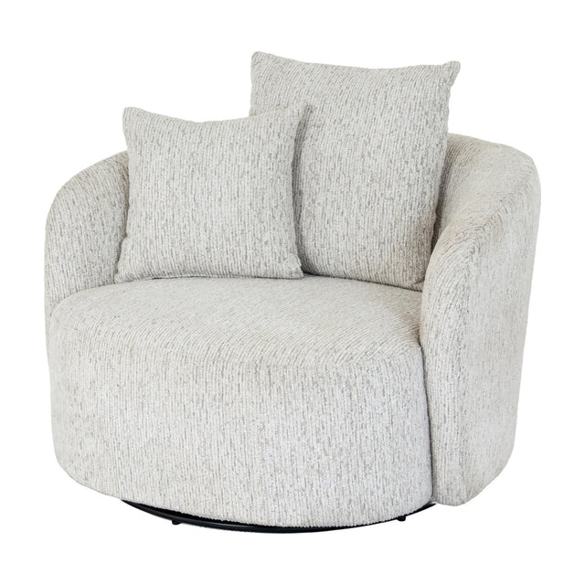 Marlenza Swivel Accent Chair by Hill Interiors in white textured upholstery with rounded arms, two scatter cushions and a black swivel base.
