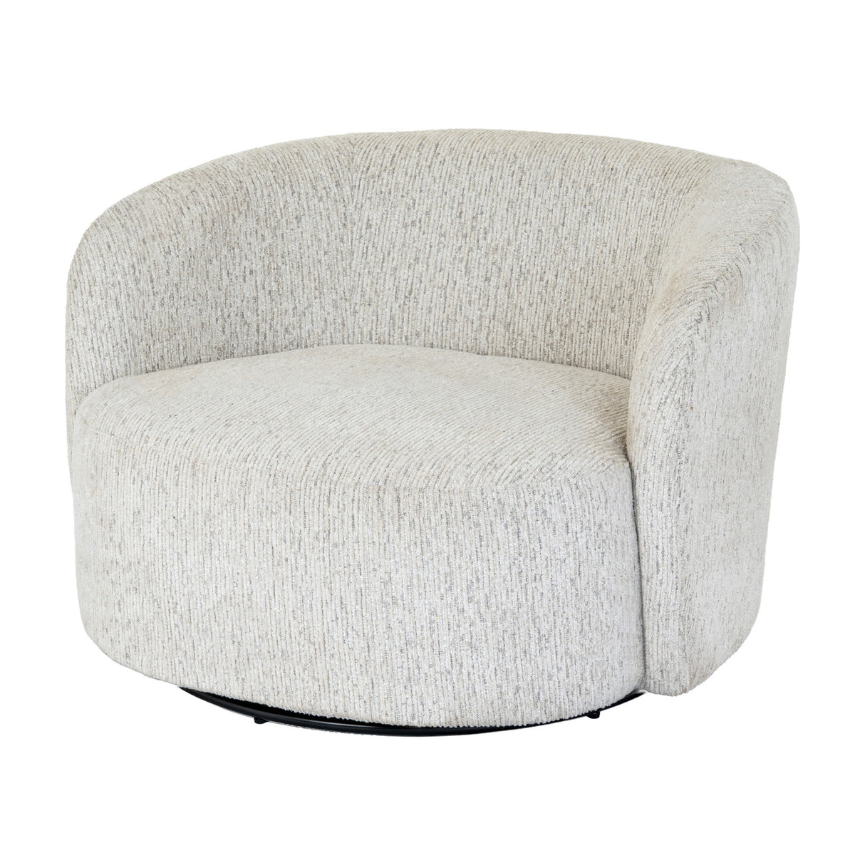 Hill Interiors Marlenza Swivel Accent Chair in white textured upholstery with a curved barrel back and round black swivel base on a plain background.