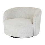 Hill Interiors Marlenza Swivel Accent Chair in white textured upholstery with a curved barrel back and round black swivel base on a plain background.