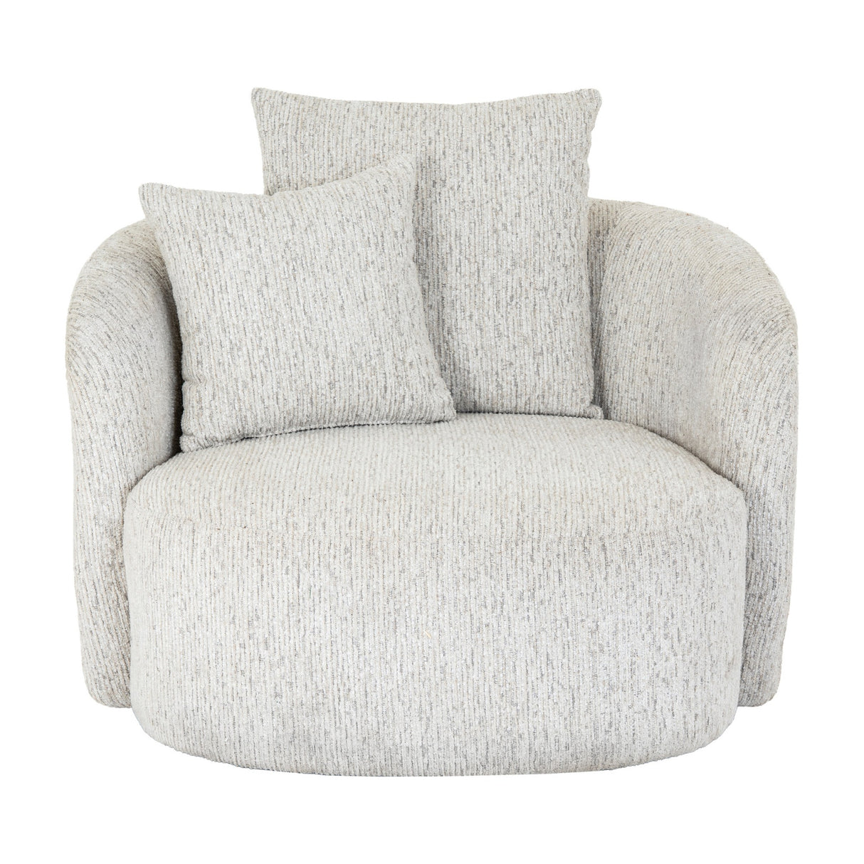 Marlenza Swivel Accent Chair by Hill Interiors in white textured upholstery with a rounded barrel silhouette and two matching cushions, on a white background.