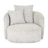 Marlenza Swivel Accent Chair by Hill Interiors in white textured upholstery with a rounded barrel silhouette and two matching cushions, on a white background.