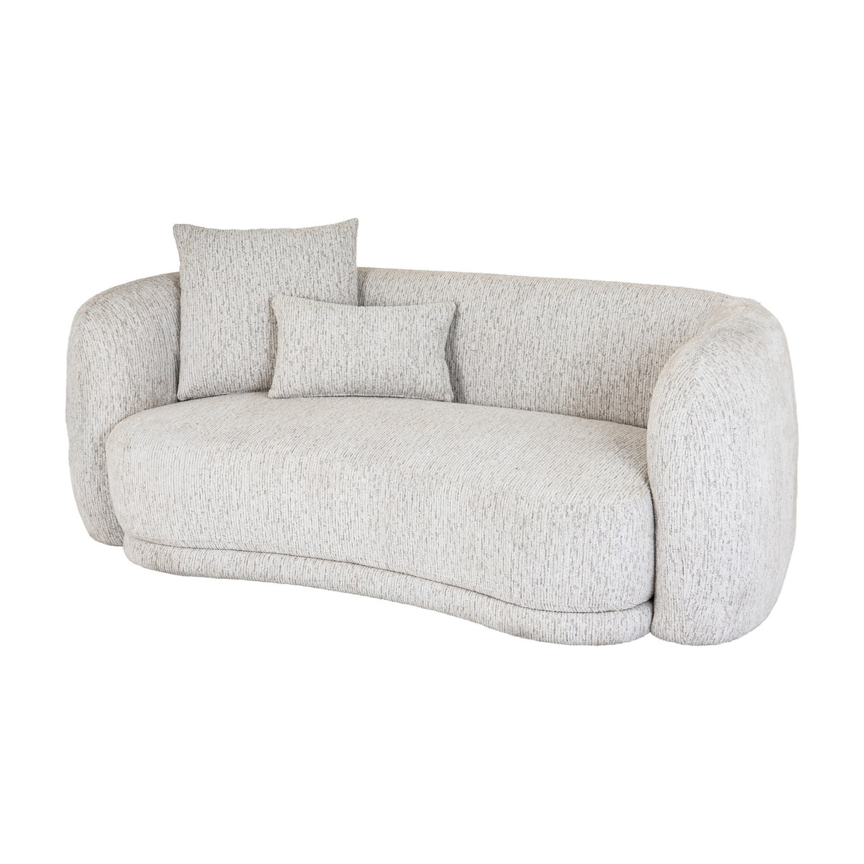 Hill Interiors Marlenza two seater sofa in white textured upholstery with curved rounded arms and two scatter cushions on a plain background.