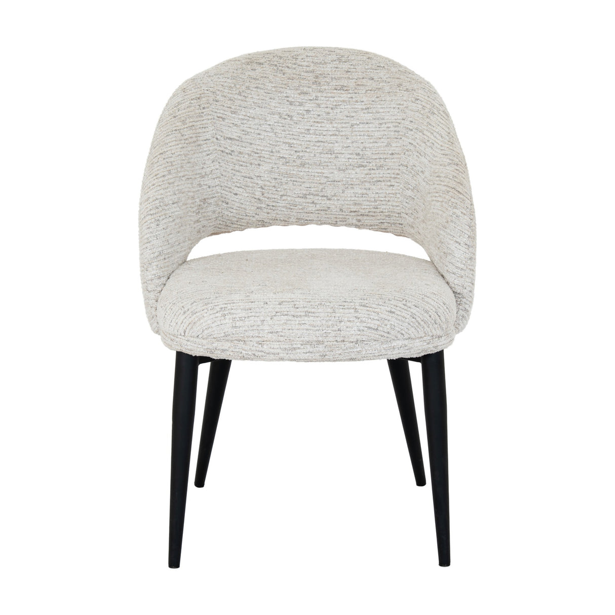 Hill Interiors Marlenza Curved Dining Chair in textured white upholstery with a cut-out curved backrest and tapered black metal legs on a white background.