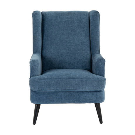Hill Interiors wingback armchair in blue upholstery with high winged sides, cushioned seat and tapered black legs, shown against a plain white background.