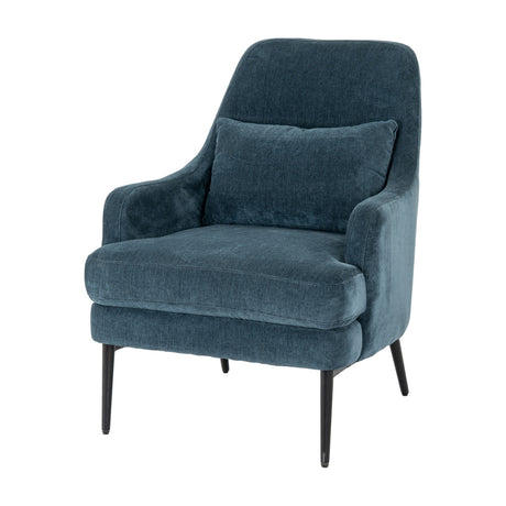 Hill Interiors Wingback Armchair in blue chenille upholstery with matching lumbar cushion and slim black metal legs, on a white background.