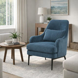 Hill Interiors blue wingback armchair with high curved back, matching cushion and slim black metal legs, styled in a bright living room with side table.