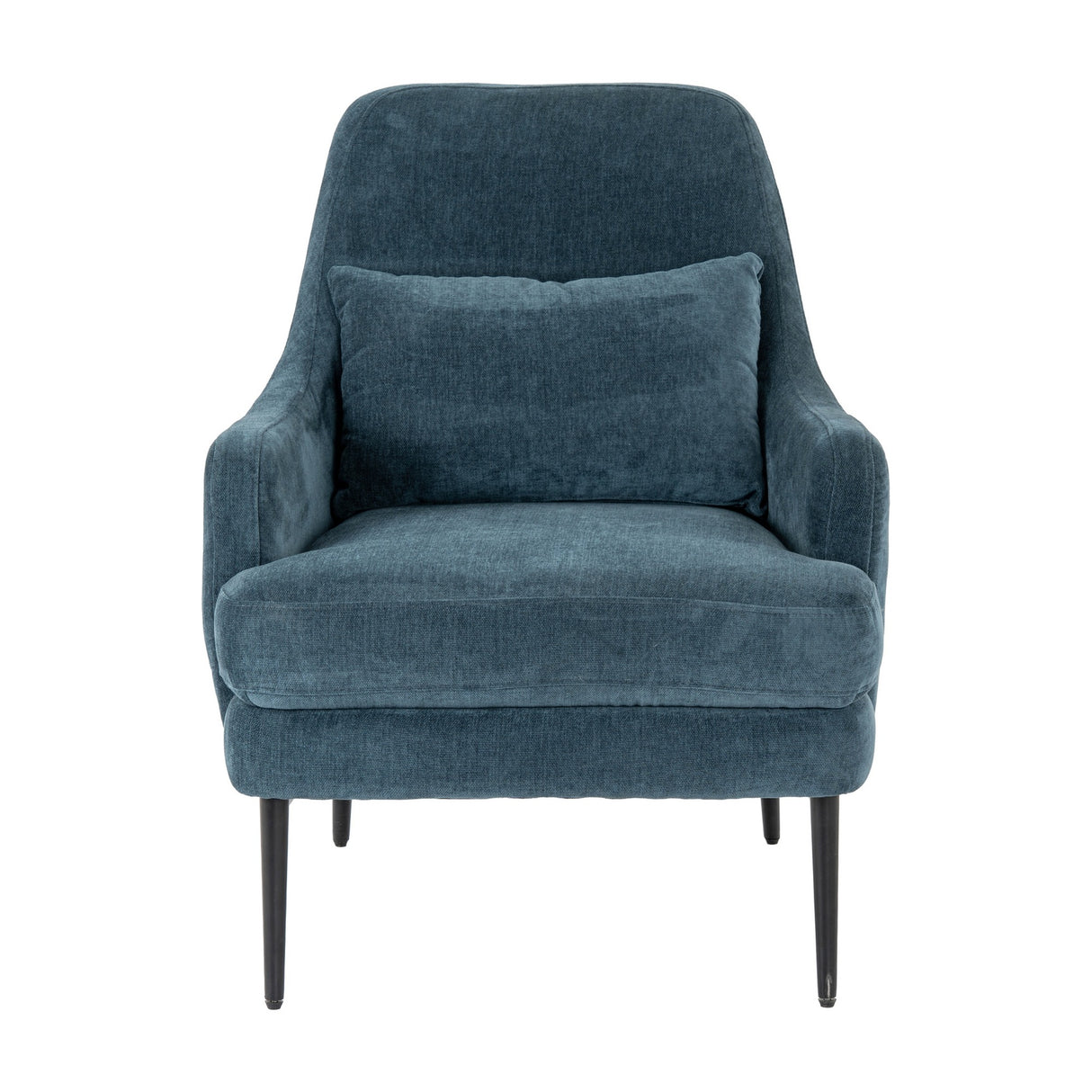 Hill Interiors Wingback Armchair in blue upholstery with matching lumbar cushion and slim black metal legs, shown front-on against a white background.