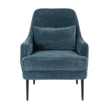 Hill Interiors Wingback Armchair in blue upholstery with matching lumbar cushion and slim black metal legs, shown front-on against a white background.