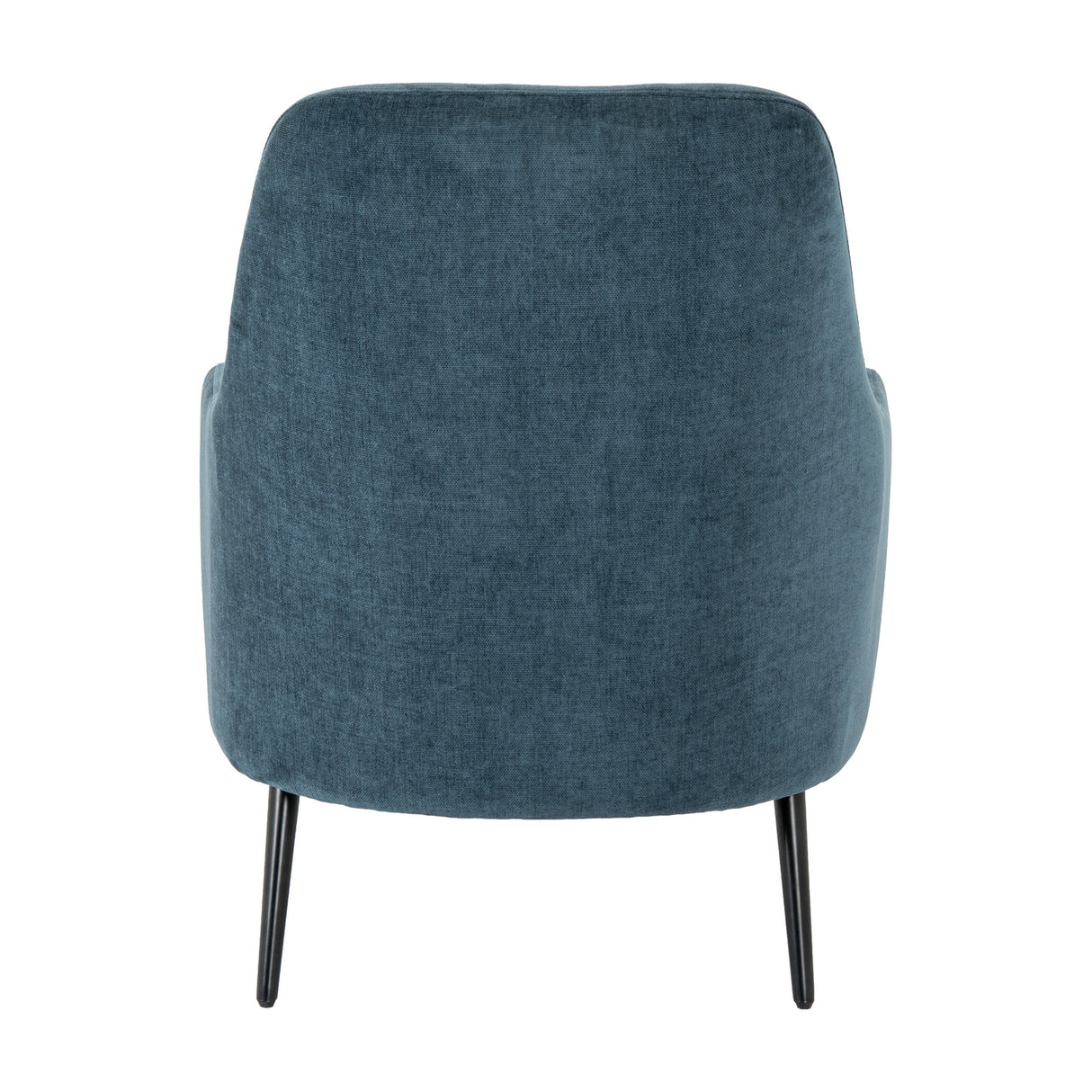 Rear view of the Hill Interiors Wingback Armchair in blue upholstery with a high winged back and slim black metal legs on a white background.