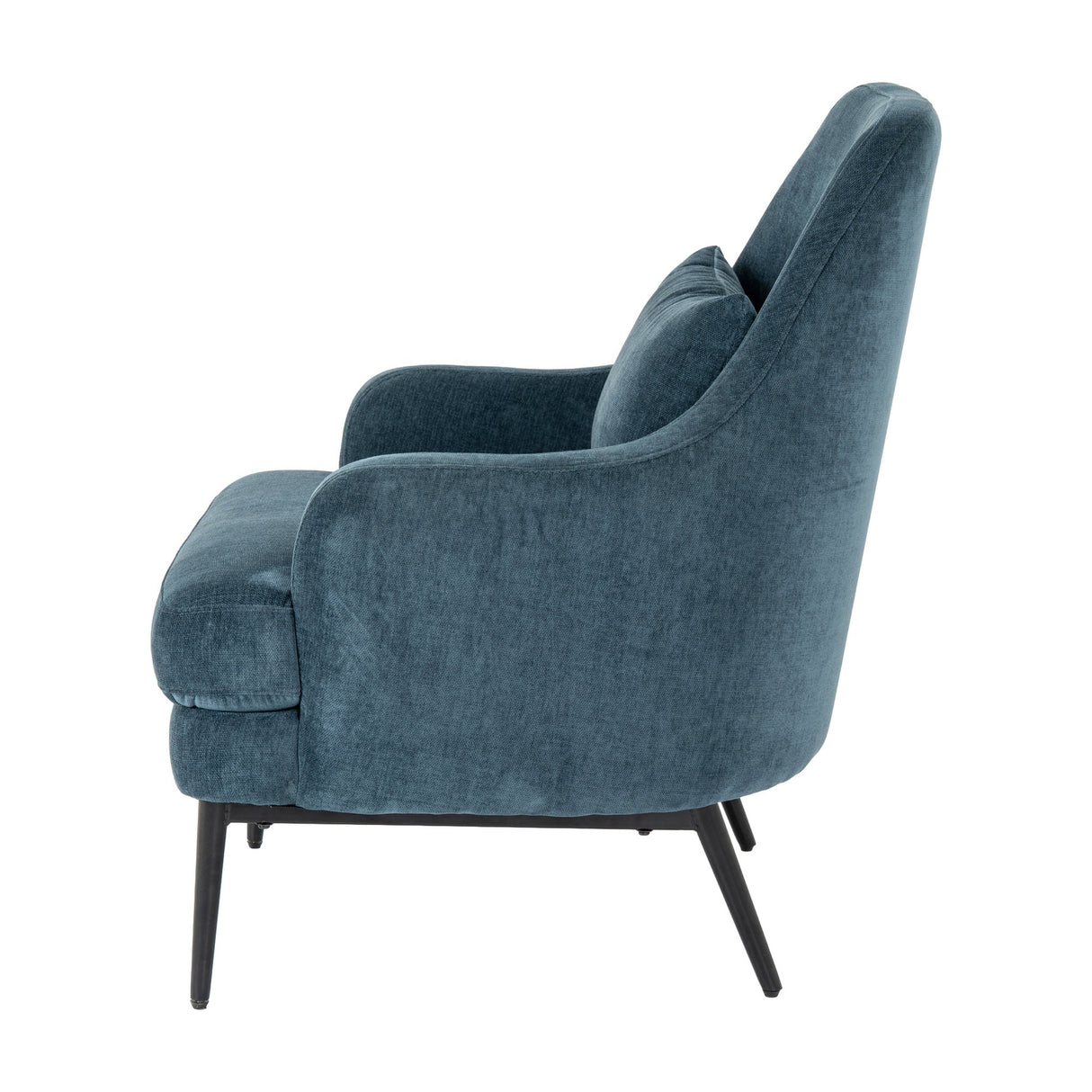 Side view of Hill Interiors Wingback Armchair in blue upholstery with high winged back, rolled arm and slim black metal legs on a white background.