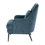 Side view of Hill Interiors Wingback Armchair in blue upholstery with high winged back, rolled arm and slim black metal legs on a white background.