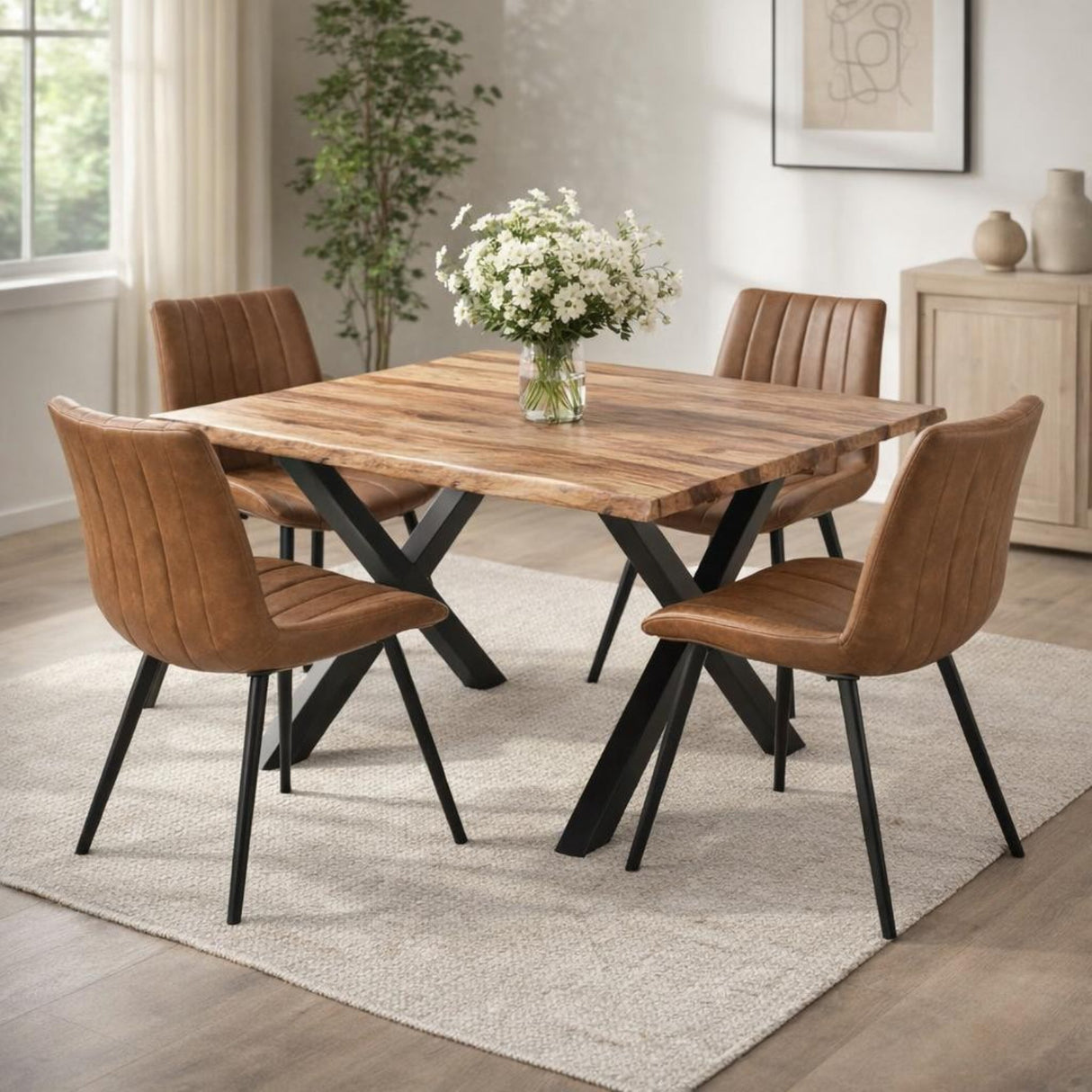Hill Interiors Draxinby Swivel Dining Chairs in tan upholstery with ribbed backs and black metal legs, around a live-edge wood table in a bright room.