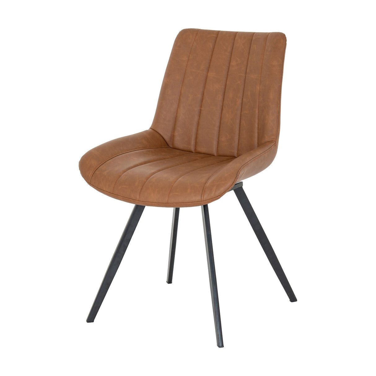 Hill Interiors Draxinby Swivel Dining Chair in tan upholstery with vertical stitched channels and slim black metal legs, shown on a white background.
