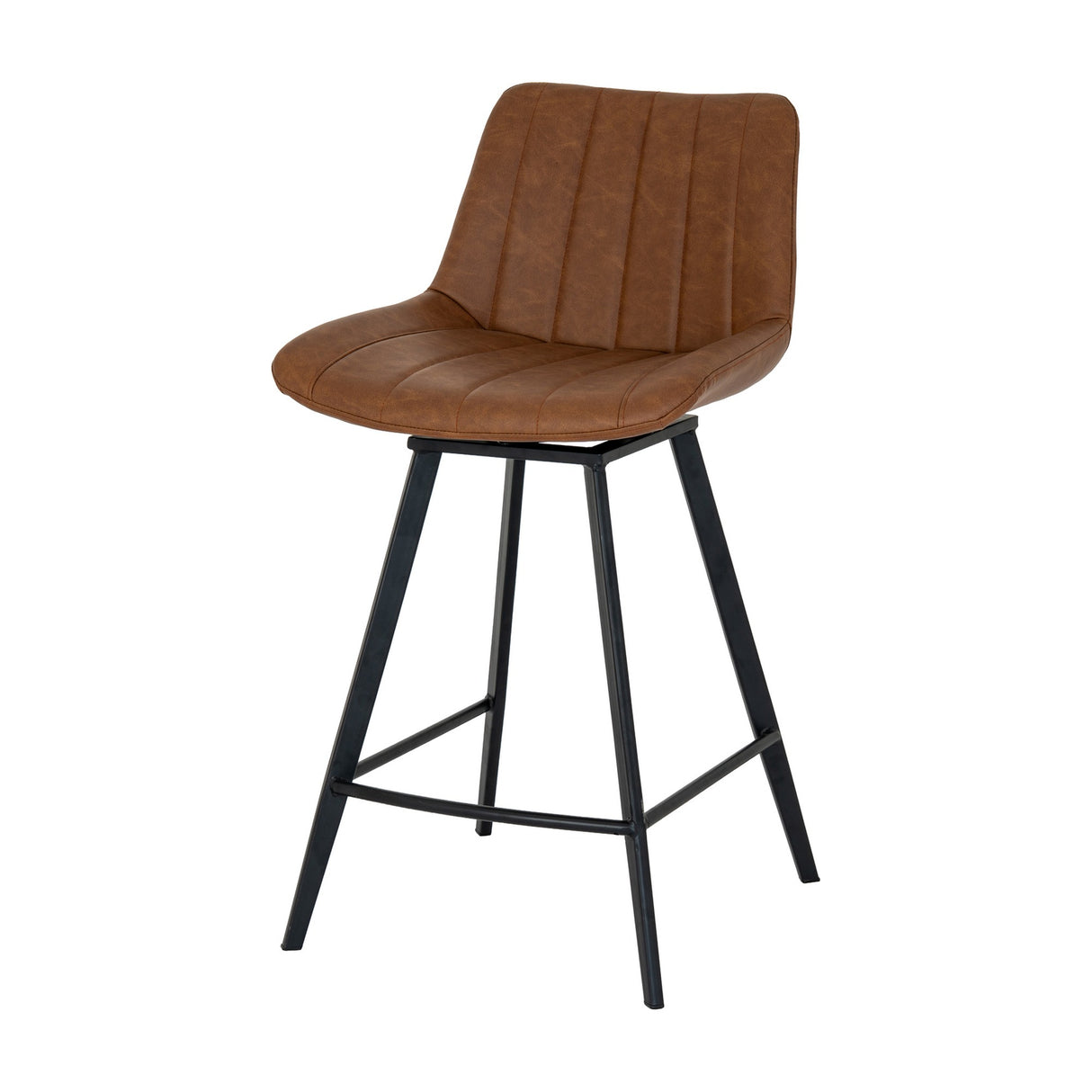 Hill Interiors Draxinby tan swivel bar stool with channel-stitched brown upholstered seat and slim black metal legs with footrest, on a white background.