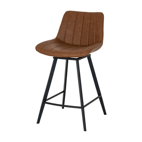 Hill Interiors Draxinby tan swivel bar stool with channel-stitched brown upholstered seat and slim black metal legs with footrest, on a white background.