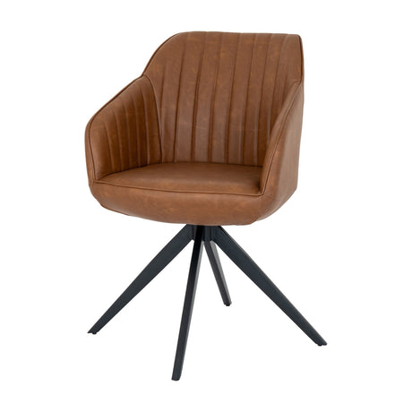 Hill Interiors Tan Metal Accent Chair with ribbed brown leather-look upholstery, curved armrests and black four-star swivel base on a white background.