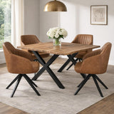 Hill Interiors Tan Metal Accent Chair with tan leather-look upholstery and black splayed legs, set with three matching chairs around a wooden dining table.