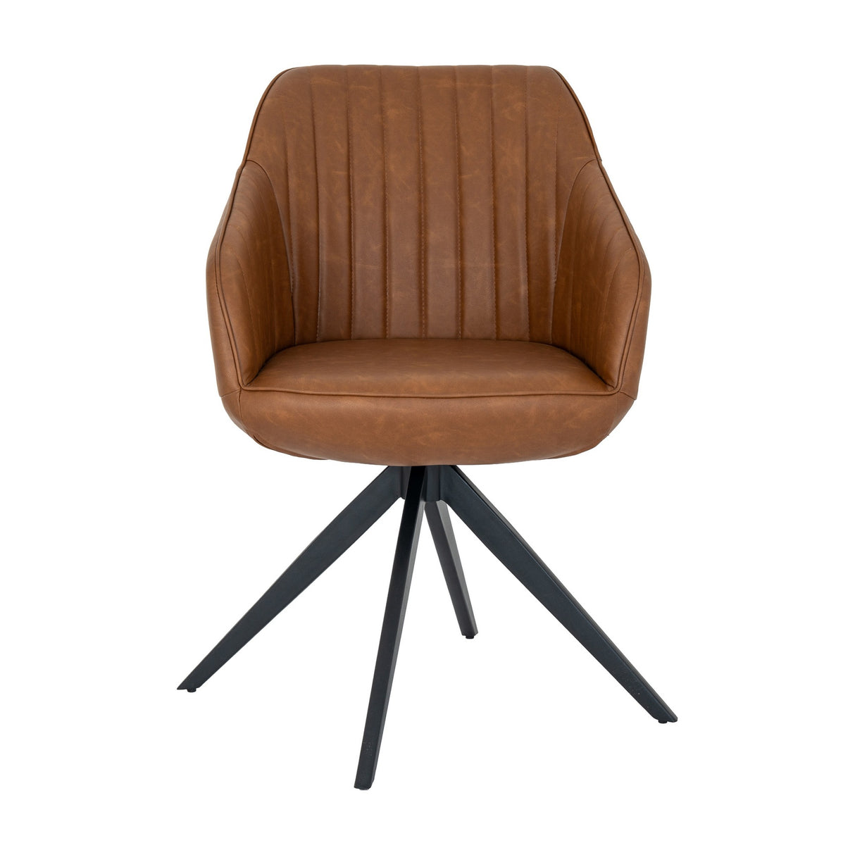 Hill Interiors tan metal accent chair with channel-stitched leather-look upholstery, curved arms and black splayed swivel base on white.