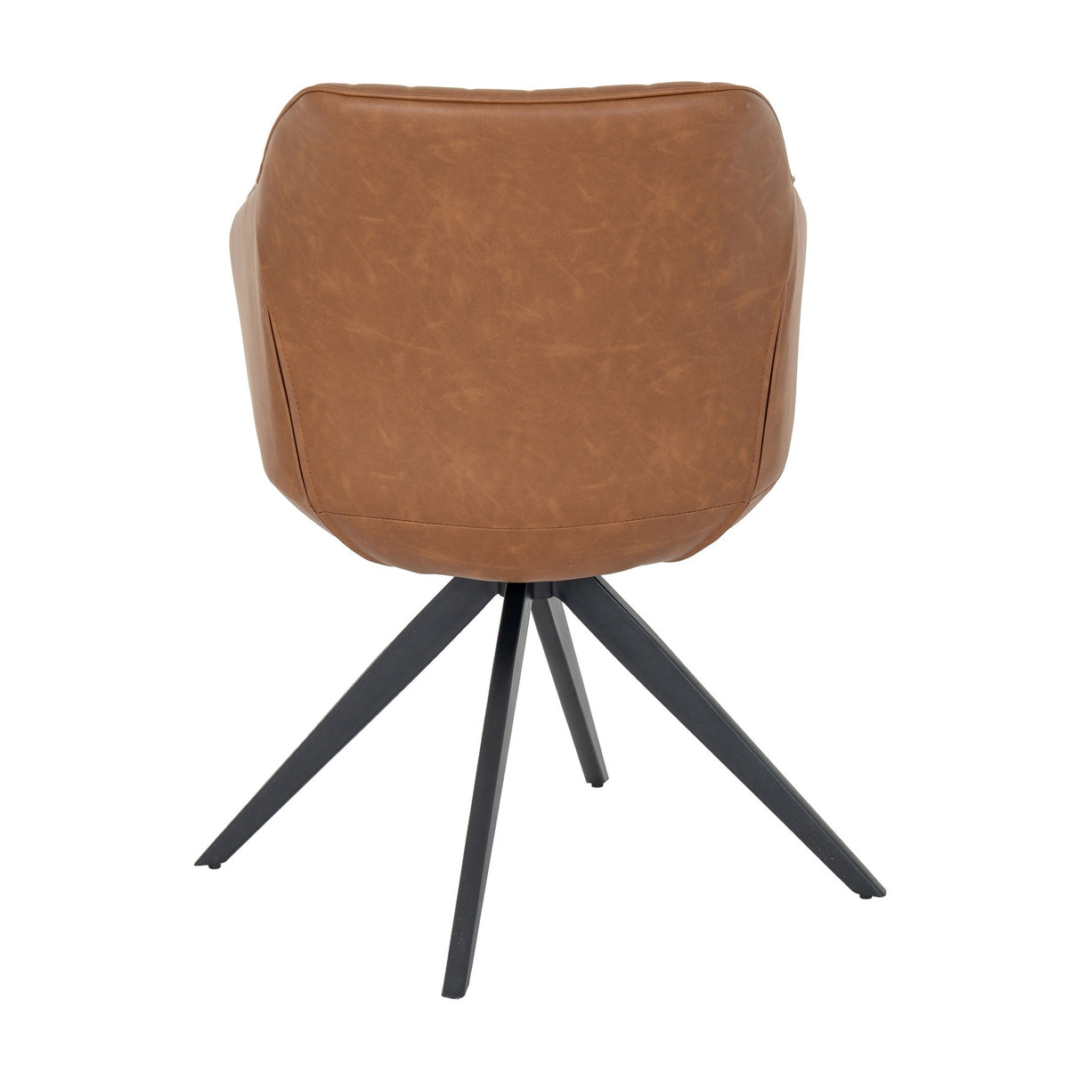 Rear view of Hill Interiors Tan Metal Accent Chair in brown faux leather with a black four-leg metal swivel base, on a white background.