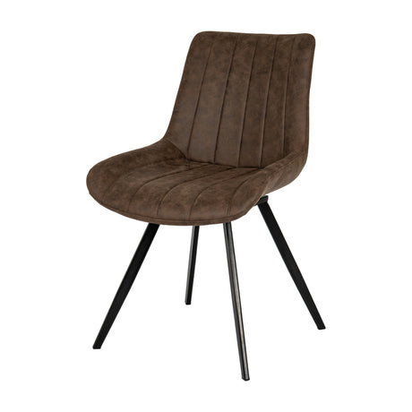 Hill Interiors Draxinby Swivel Dining Chair in brown upholstery with vertical stitched channels and tapered black metal legs, on a white background.