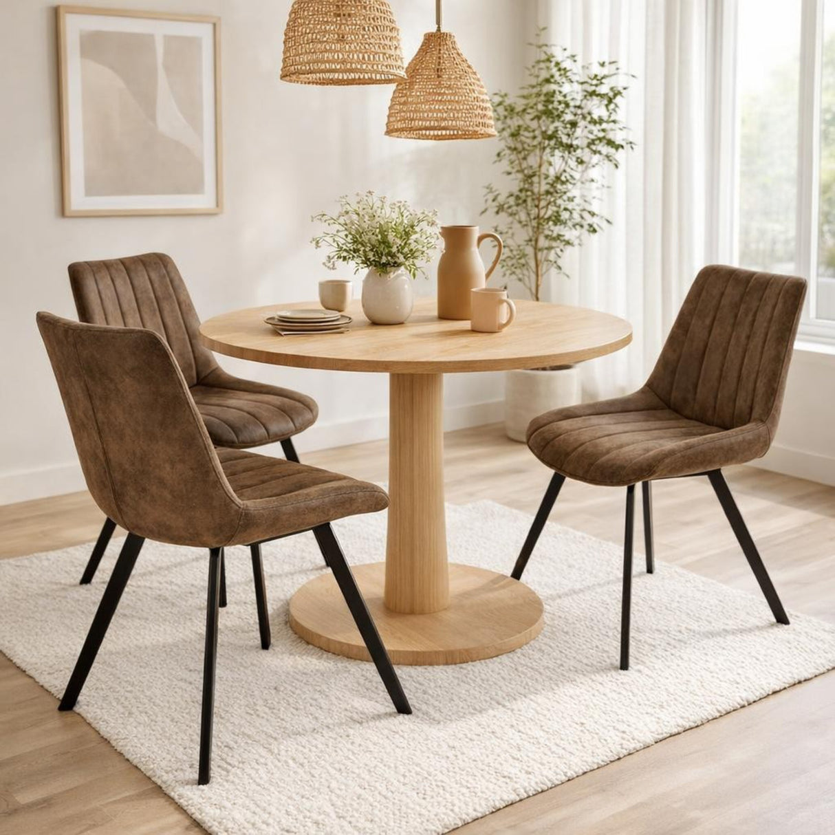 Hill Interiors Draxinby brown upholstered swivel dining chairs with black metal legs around a round oak pedestal table in a bright dining room.