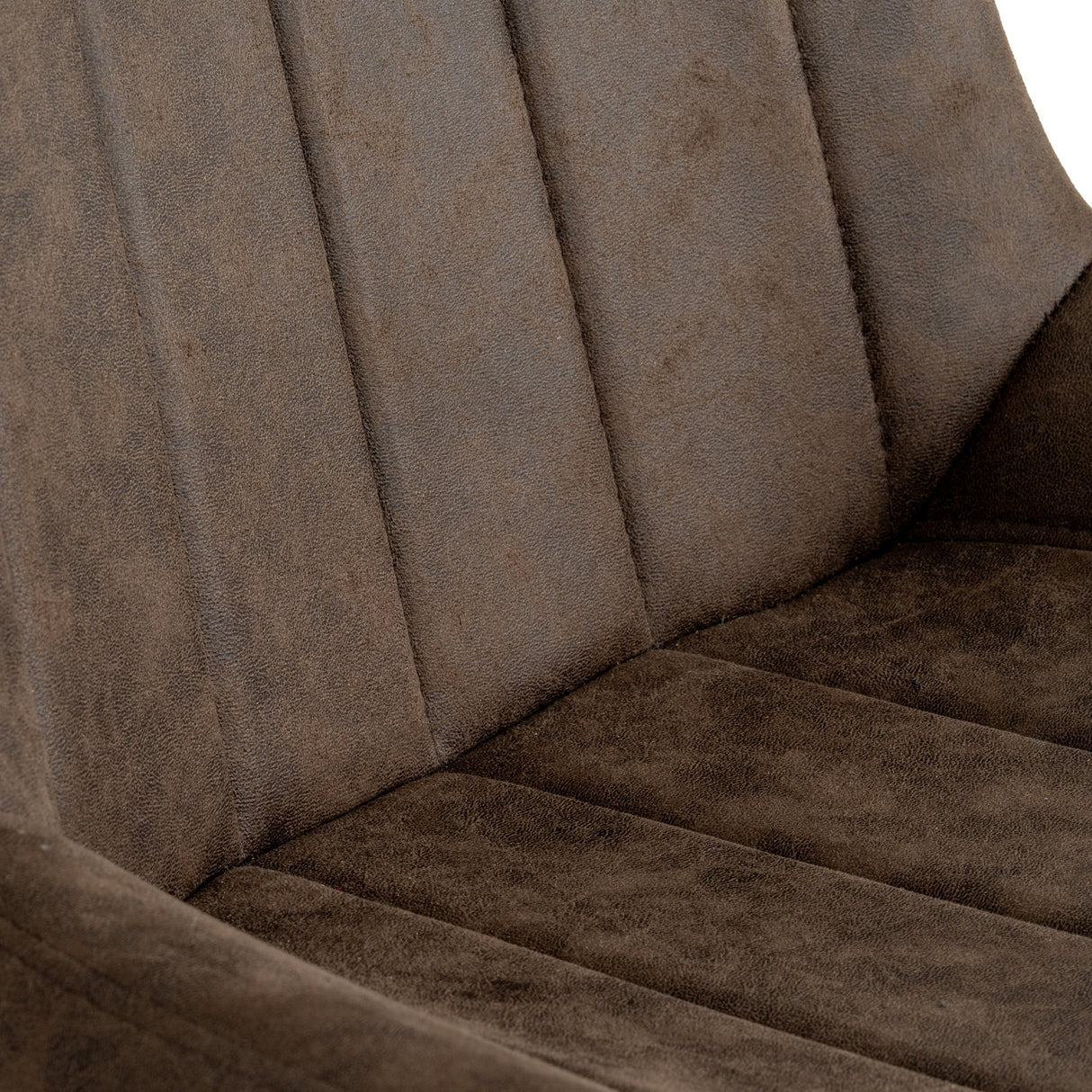 Close-up of the Hill Interiors Draxinby Swivel Dining Chair showing coffee brown upholstery with vertical channel stitching across the curved back and seat.
