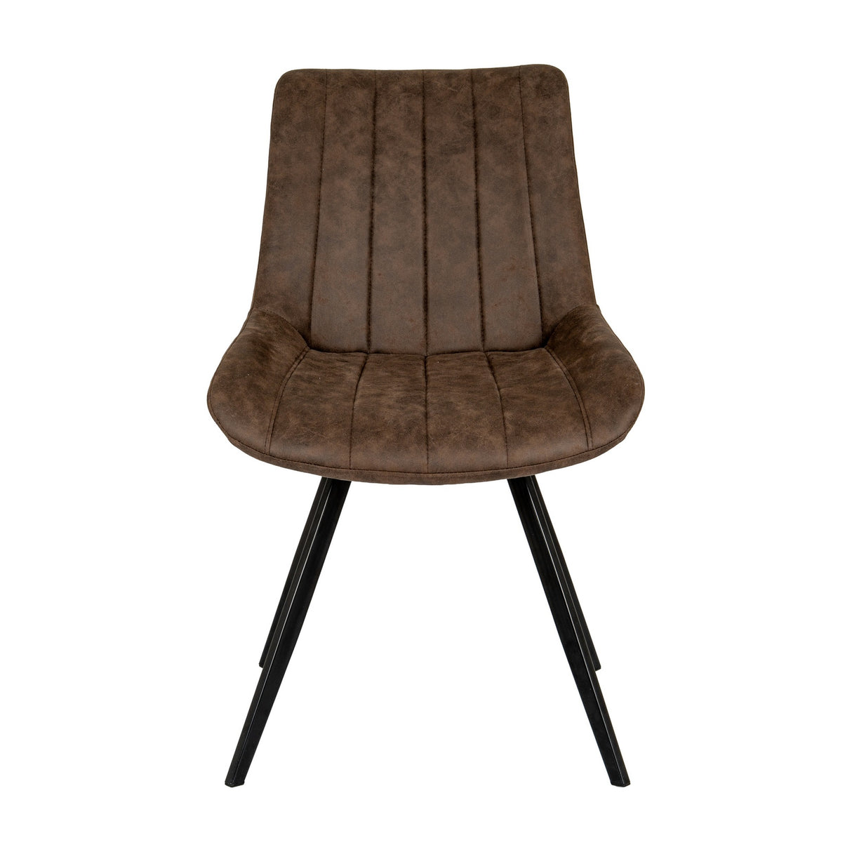 Hill Interiors Draxinby Swivel Dining Chair in coffee brown upholstery with vertical channel stitching and slim black metal legs on a white background.