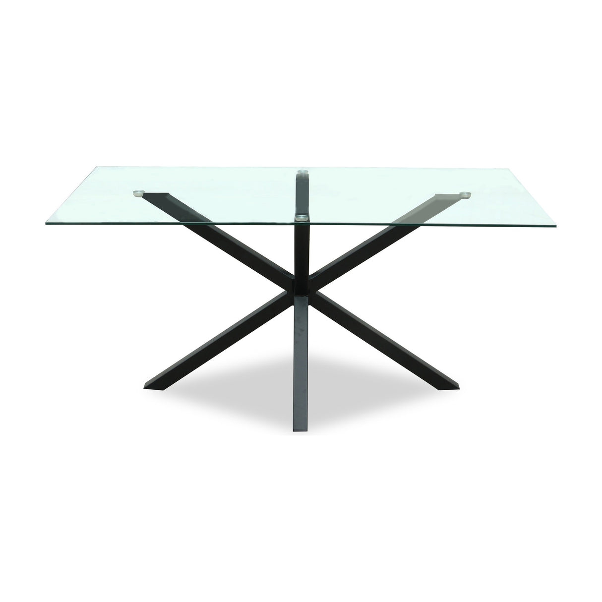 Hill Interiors Vestamby rectangular dining table with a clear tempered glass top on a black crossed metal base, shown on a plain white background.