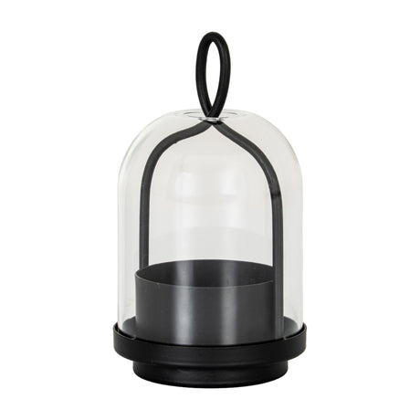 Hill Interiors Large Candle Holder with a black round base, matte black looped arch handle, and clear glass cloche dome, on a white background.