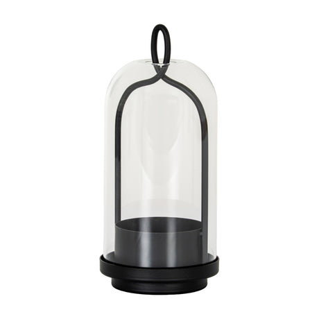 Hill Interiors medium candle holder with clear glass cloche and matte black base featuring an arched loop handle, shown on a plain white background.