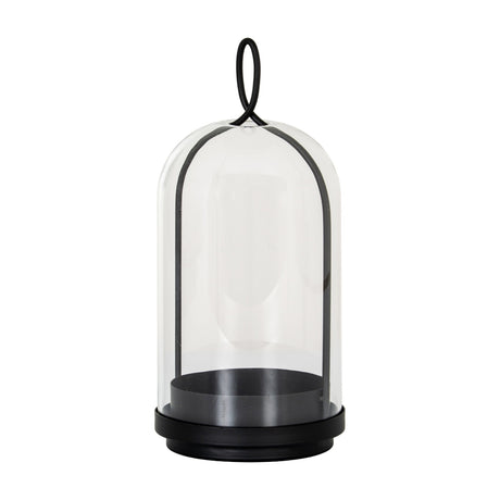 Hill Interiors Large Candle Holder with clear glass cloche, black round base and looped top handle, shown on a plain white background.