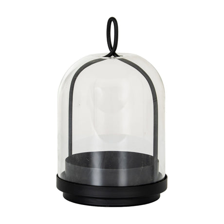 Hill Interiors medium candle holder with clear glass cloche and black base topped with a looped handle, shown on a plain white background.
