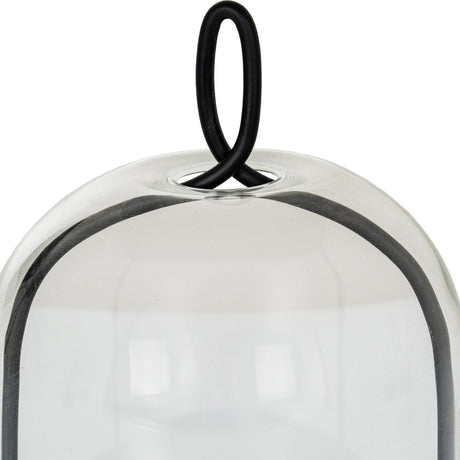 Close-up of Hill Interiors Medium Candle Holder with clear glass cloche and black looped metal finial handle at the top.